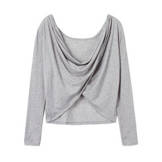 Sexy lange mouw Ruched Draped V Collar Backless Women Shirt