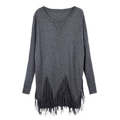 Mulheres retalhos com franjas Hem camisola de cor pura
