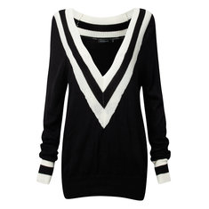 セクシーなネイビー風ストライプの深いVネックカジュアルロングスリーブニットセーター