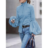 Mulheres Puff Sleeve High Neck Ruffle Blusa Trabalho Elegante Camisa