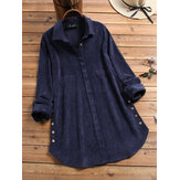 Botão de veludo lapela manga longa Vintage Plus blusa de tamanho