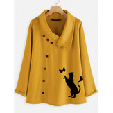 Vrouwen causale knop Cartoon kat Print blouse