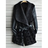 Frauen Revers Pelz PU Patchwork Langarm Pockets Outwear Mantel