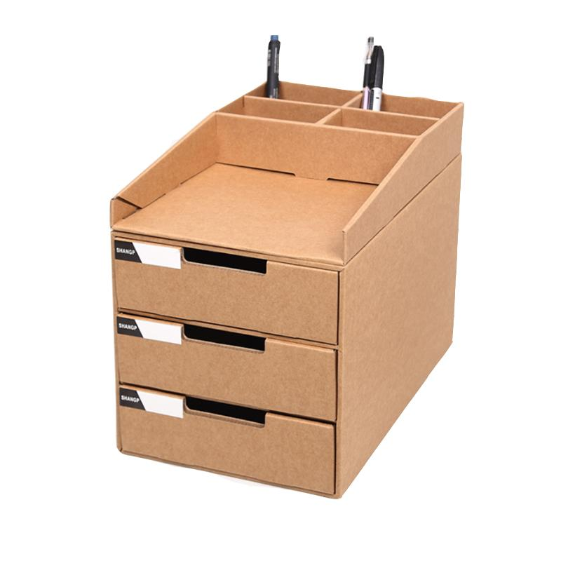 Desktop File Storage Box Brown Paper Three Layer Container A4 Sized With Top Shelf Desk Organizer 3 Drawers Cardboard Holder