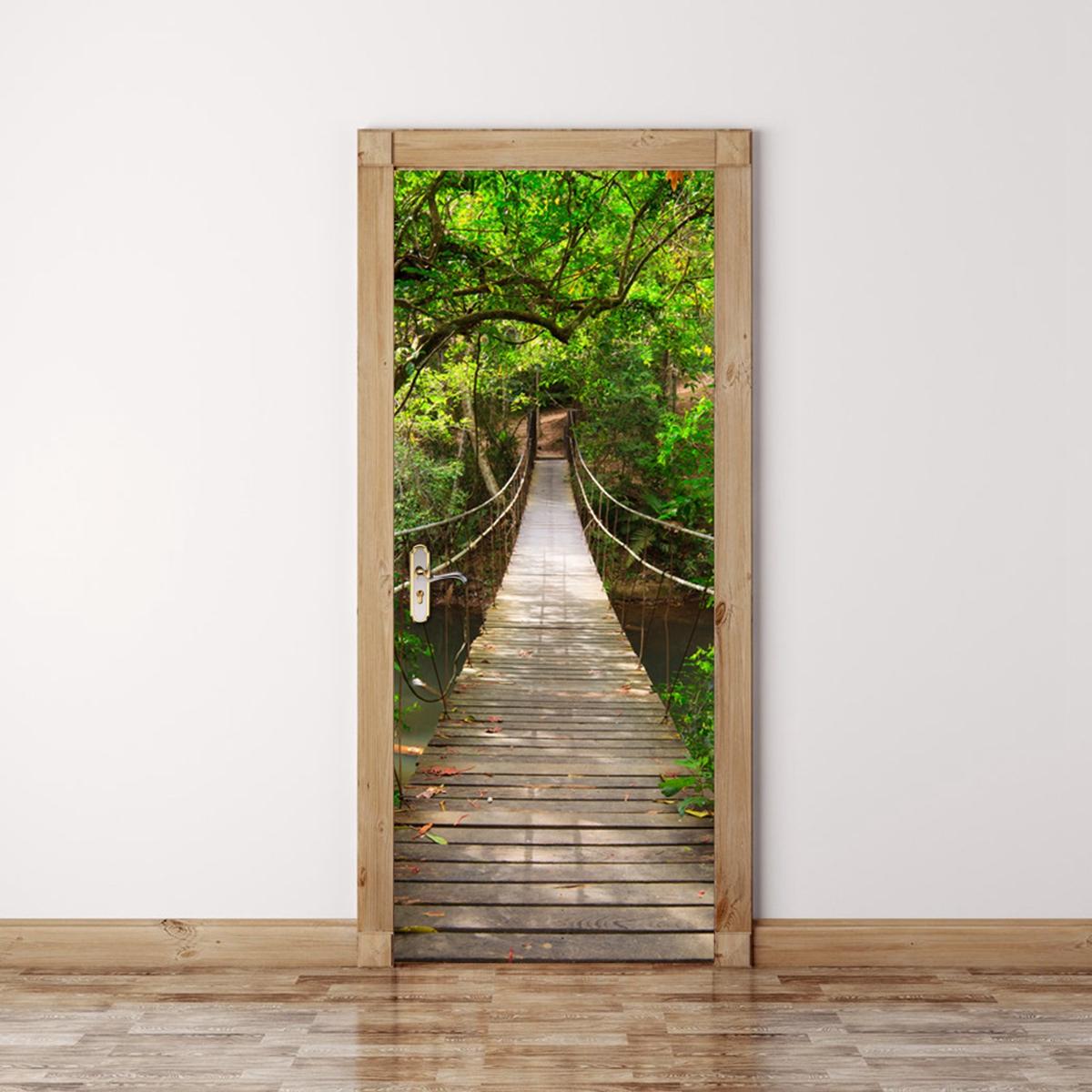 200x77cm 3d Wood Bridge Pvc Self Adhesive Door Wall Sticker Living Room Mural Forest Decor