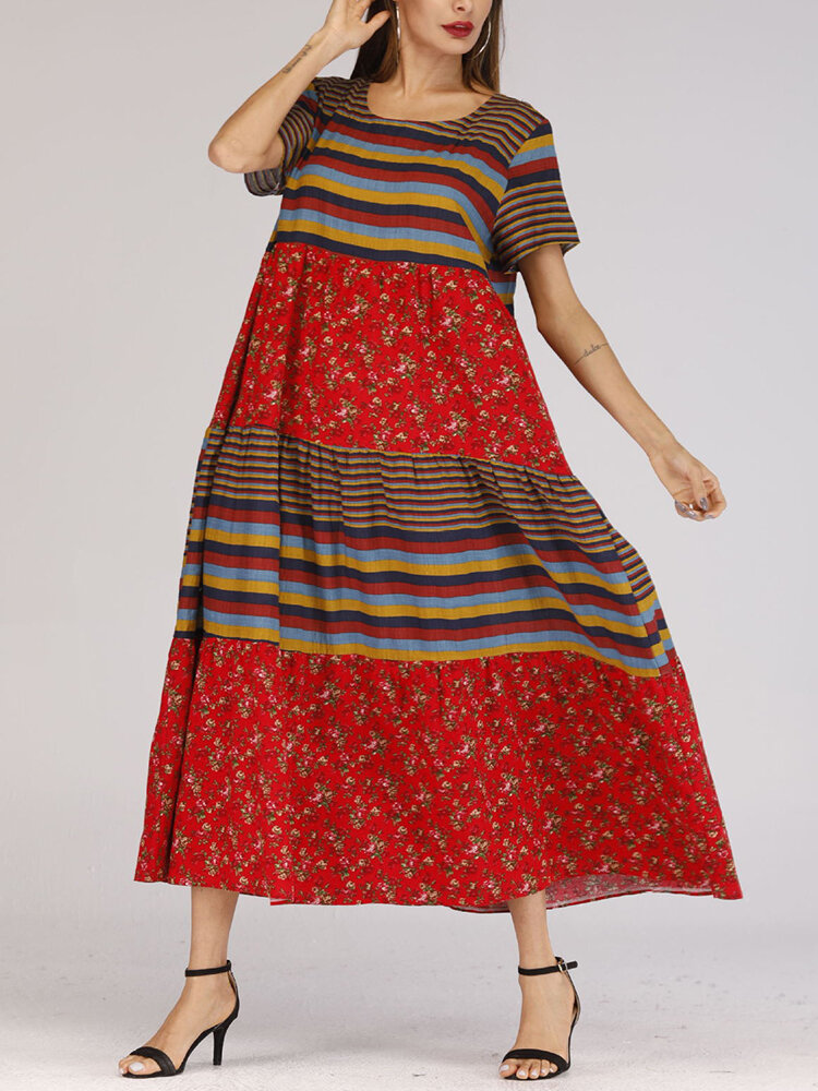 Estilo &eacute;tnico O-pesco&ccedil;o manga curta Mulheres Vestido Longo