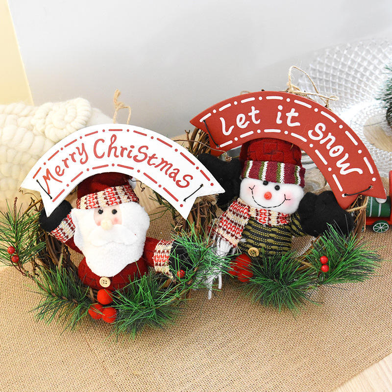 20cm Christmas Wreath For Front Door Hang Garland With Santa Claus Snowman Ornaments Natural Rattan Wreath Holiday Door Hanger