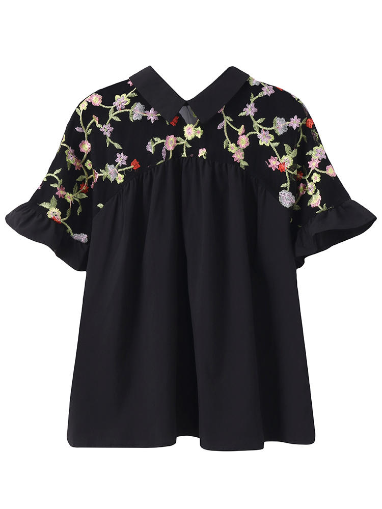 Sexy Damen Kurzarm Blumenstickerei Mesh Splice Bluse