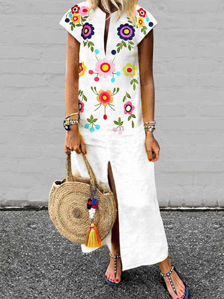 Women Bohemian Floral Print V-neck Short Sleeve Split Hem Dress Women Bohemian Floral Print V-neck Short Sleeve Split Hem Dress