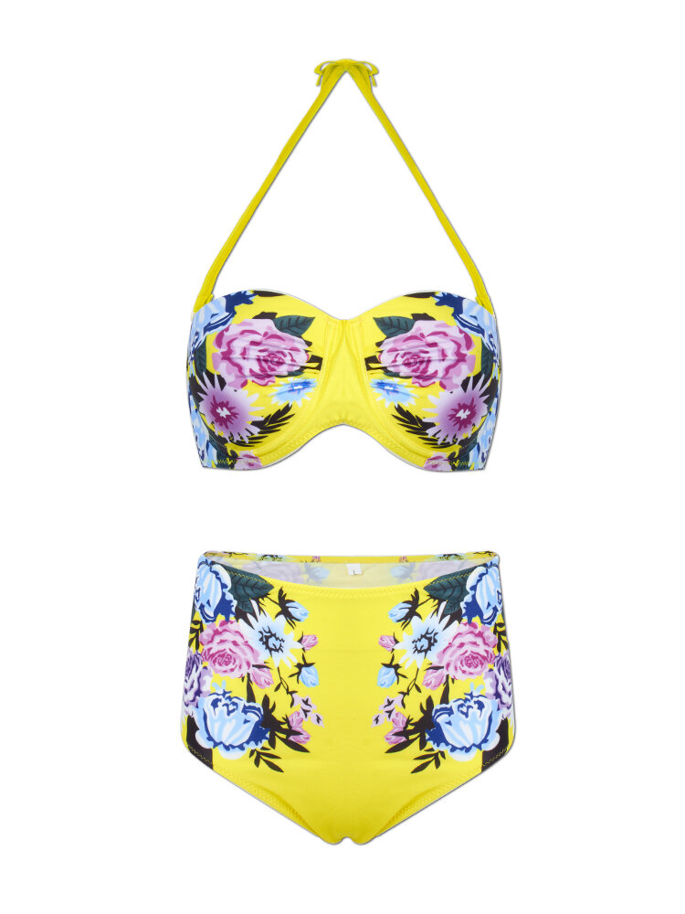 Women Sexy Spaghetti Halter Strap Floral Printed High-Waisted Push Up Bra Bikini Set 