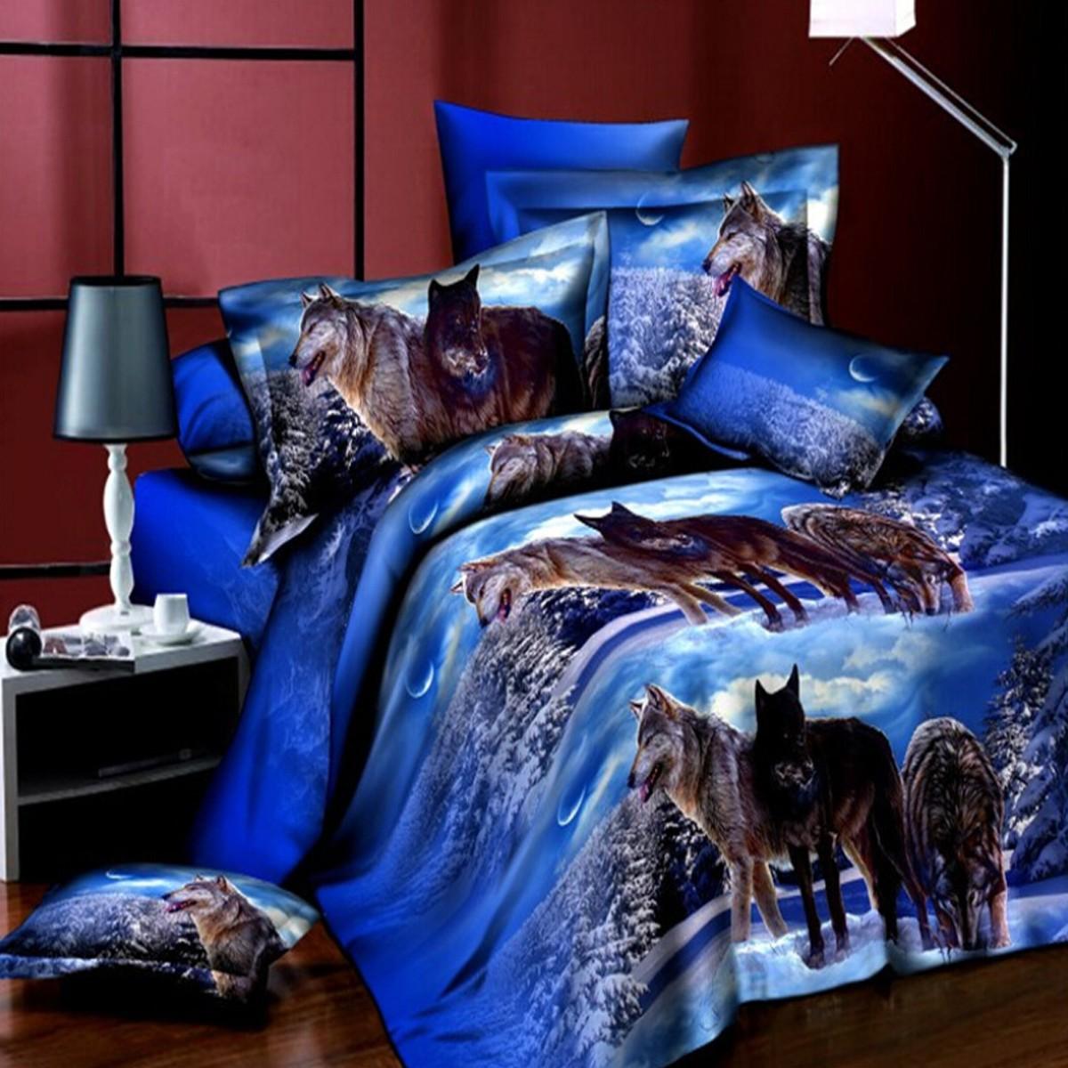 4pcs Suit 3d Snowfield Wolf Reactive Dyeing Polyester Fiber Bedding Sets Queen Size