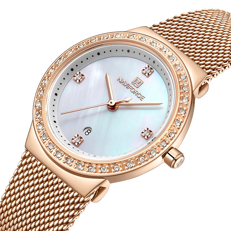 NAVIFORCE 5005 Crystal Casual Style Ladies Wrist Watch ضد للماء غير القابل للصدأ Steel حزام Quartz Watch