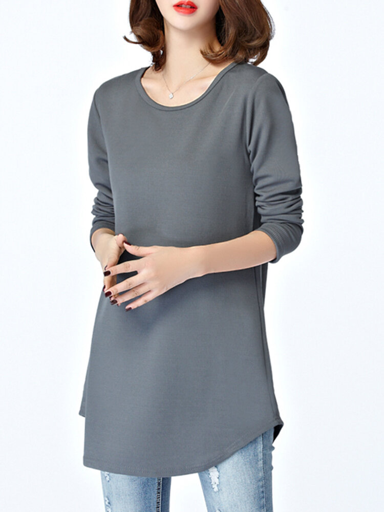 Casual Mulher manga comprida Pure Color O-Neck Irregular Hem T-shirt