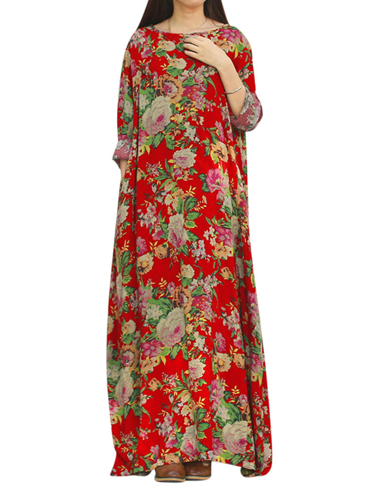 Mulheres retro floral impresso manga comprida o pesco&ccedil;o vestido de assoalho-comprimento