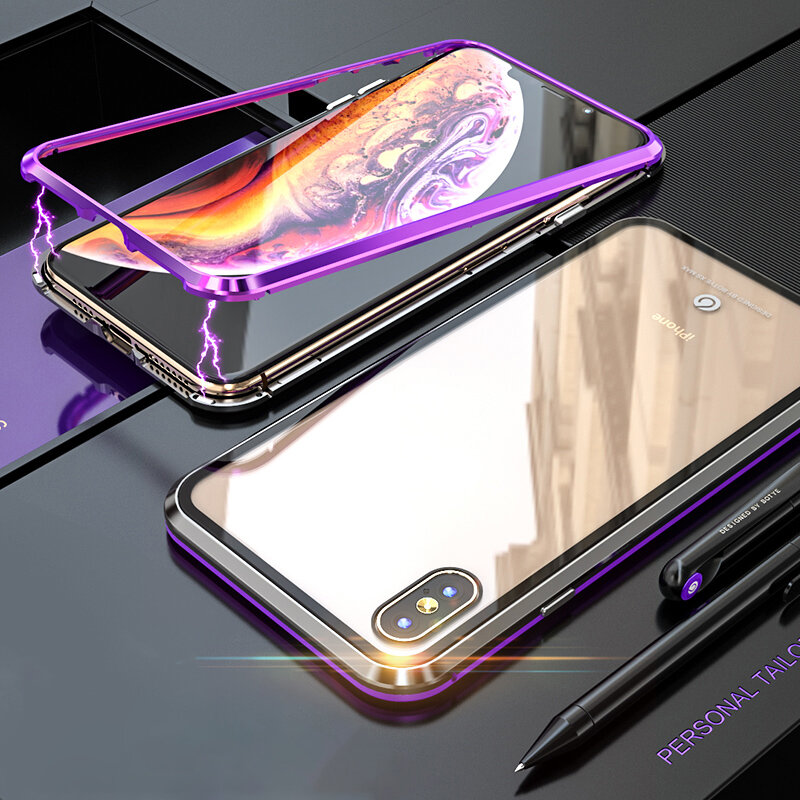 Bakeey iPhone用保護ケースXSメッキ吸着式金属+透明強化ガラスカバー