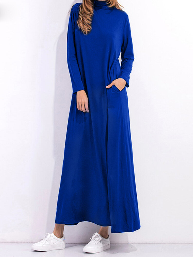 Casual Mulheres manga comprida Pure Color Turtleneck Pocket Long Dress