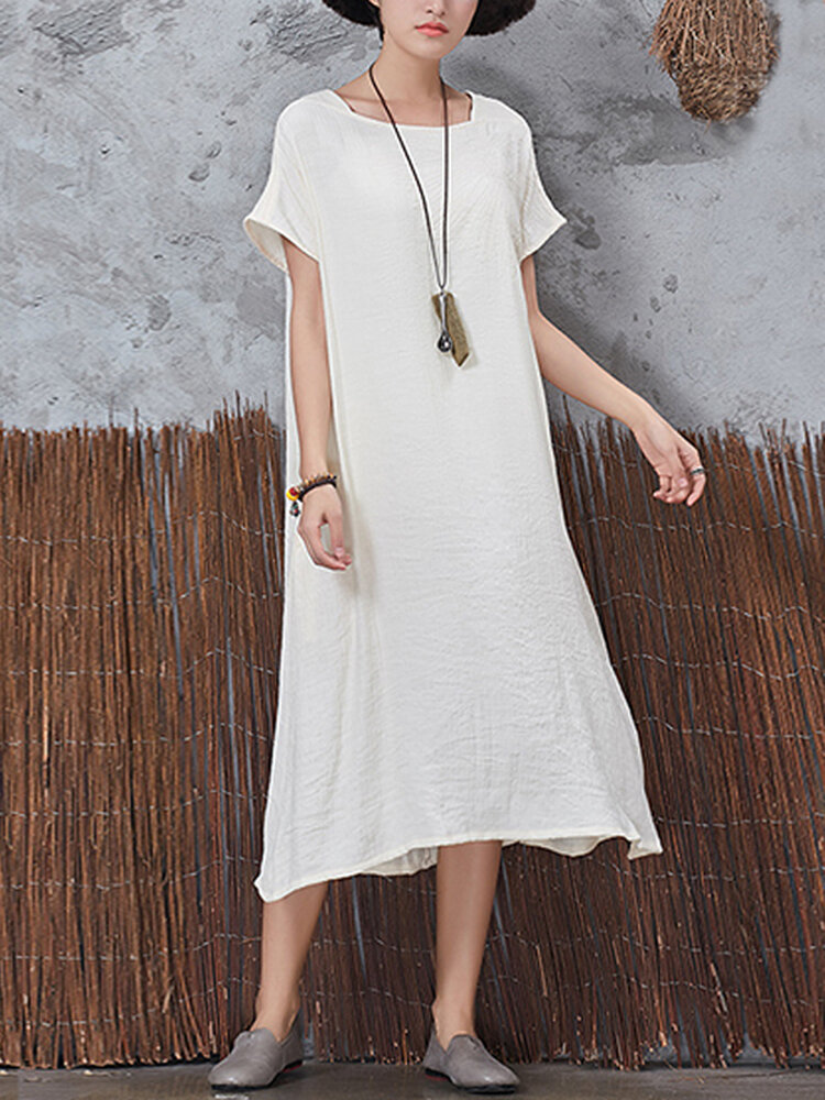 Casual Mulheres Vintage Bolsos De Manga Curta Vestido