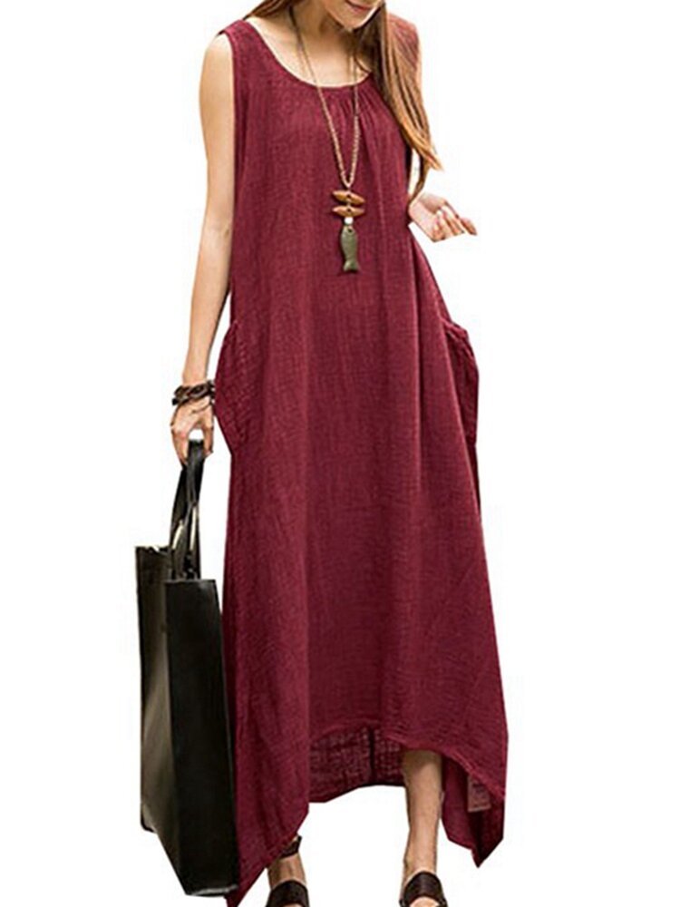 Vintage Casual Women Sleeveless High Low Cotton Maxi Dress