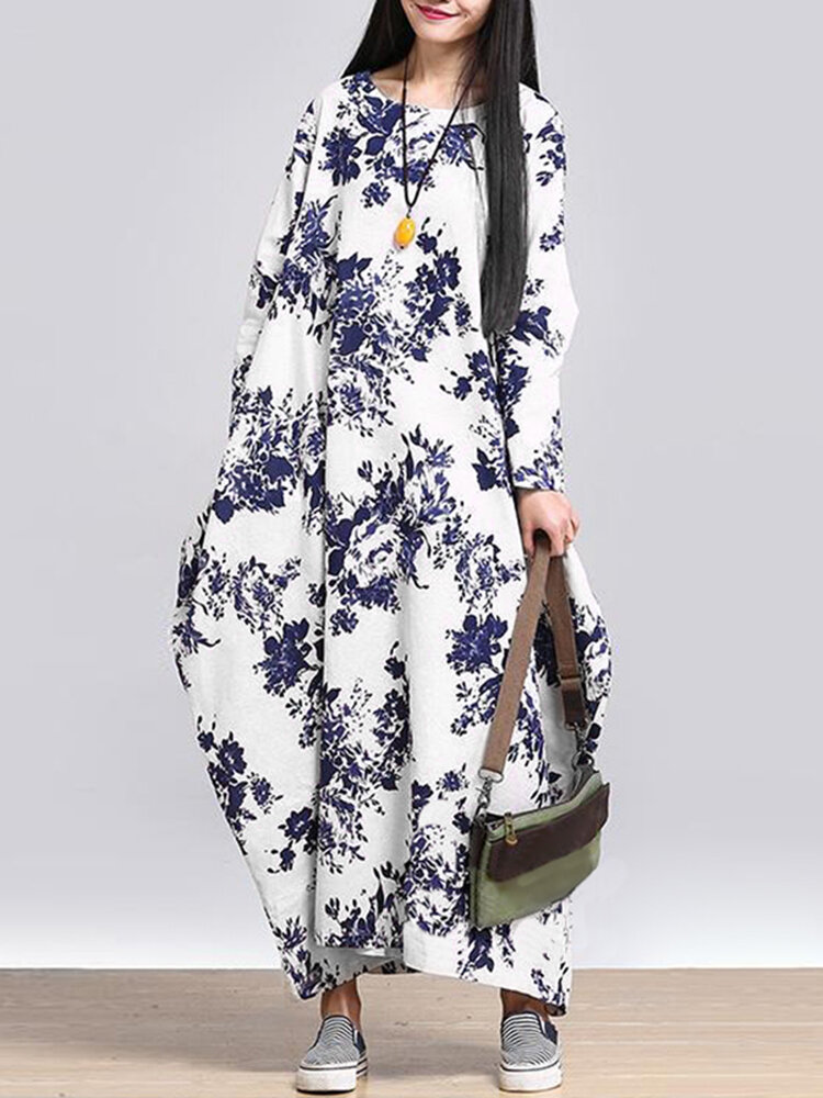 L-5XL Casual Kadın Gevşek &Ccedil;i&ccedil;ekli Baskı Elbise