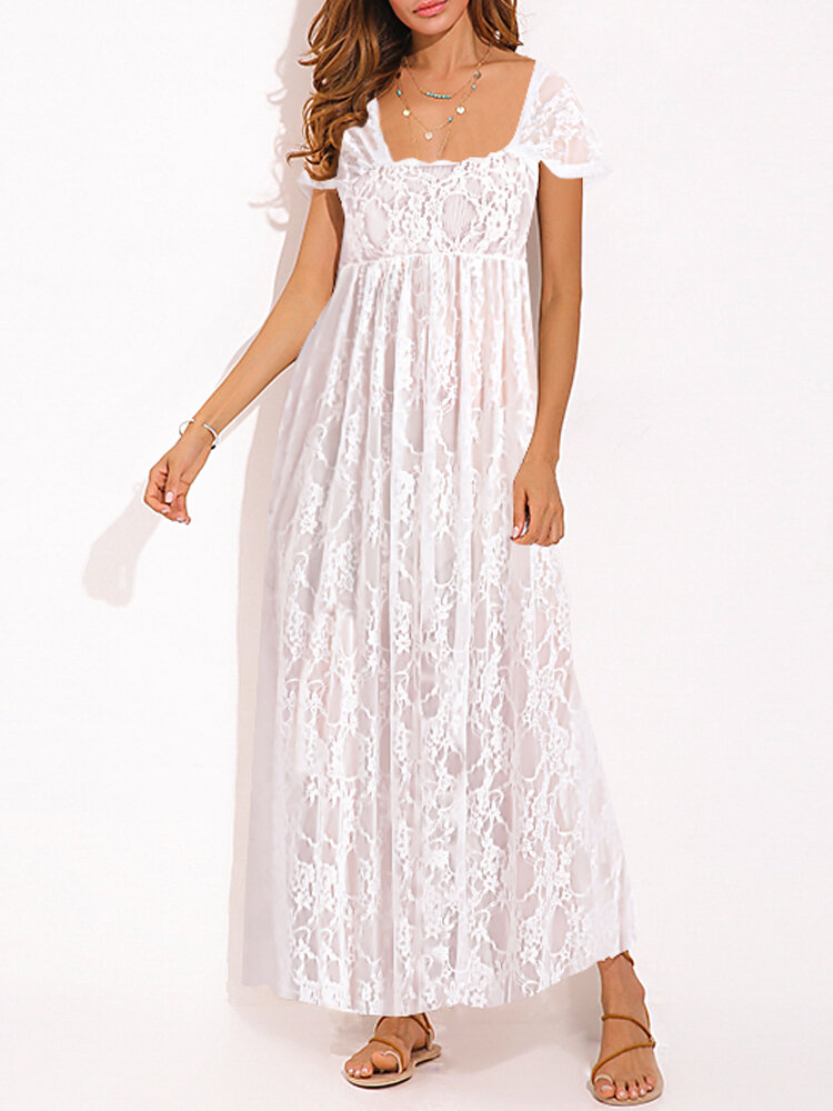 Femmes Casual Dentelle Crochet Sans Bretelles Plage Vacances Maxi Dress