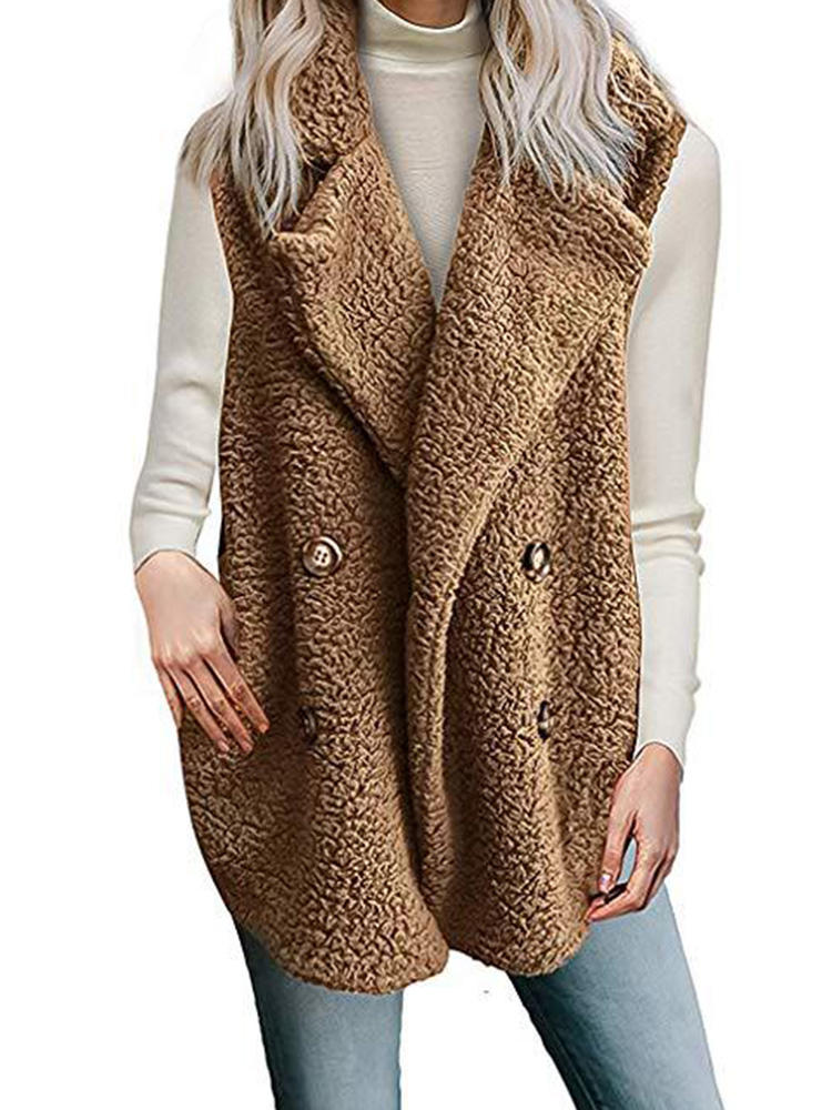 Mujer Casual Oto&ntilde;o Invierno Color s&oacute;lido Sin mangas Fleece Chaleco abotonado Abrigos