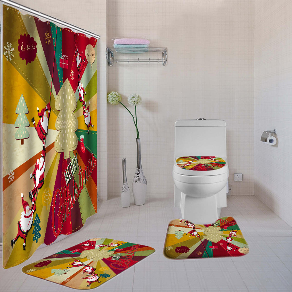 Christmas Santa Claus Bathroom Shower Curtain Non-slip Mat Rug Toilet Cover