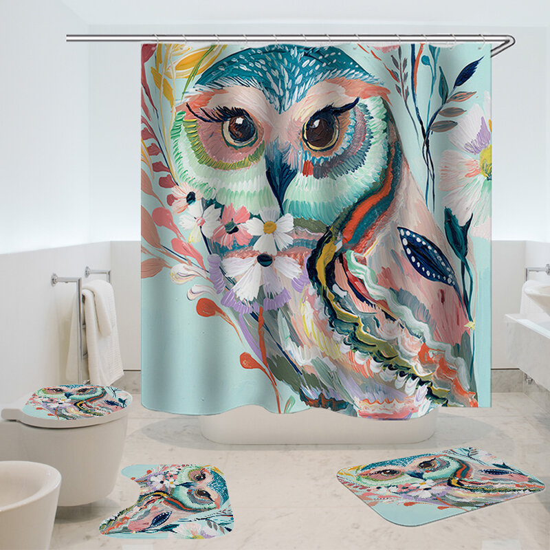 Owl Printed Shower Curtain Non Slip Rug Three Set Bath Products