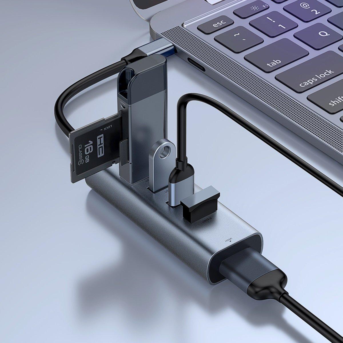 Baseus 5-in-1 USB-C Type-Cハブアダプター、4 USB 3.0ポート+ 4K @ 30Hz HDディスプレイインターフェースType-Cスマートフォン用Samsung Huawei MacBook