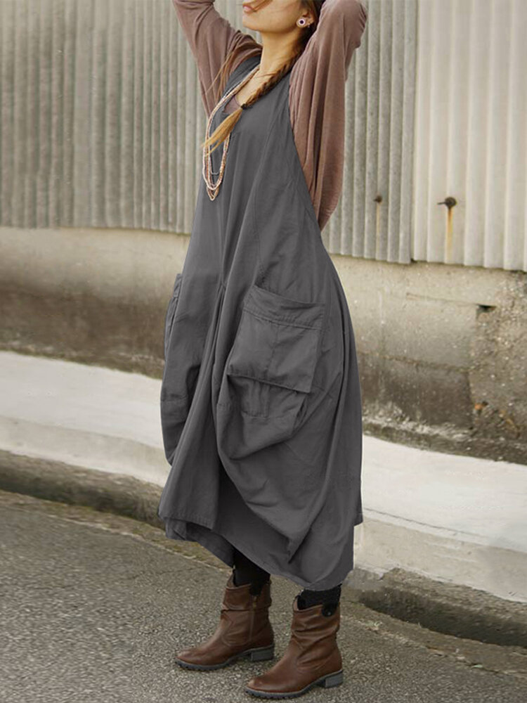 Women Vintage Sleeveless V Neck Straps Back Cross Solid Apron Dress