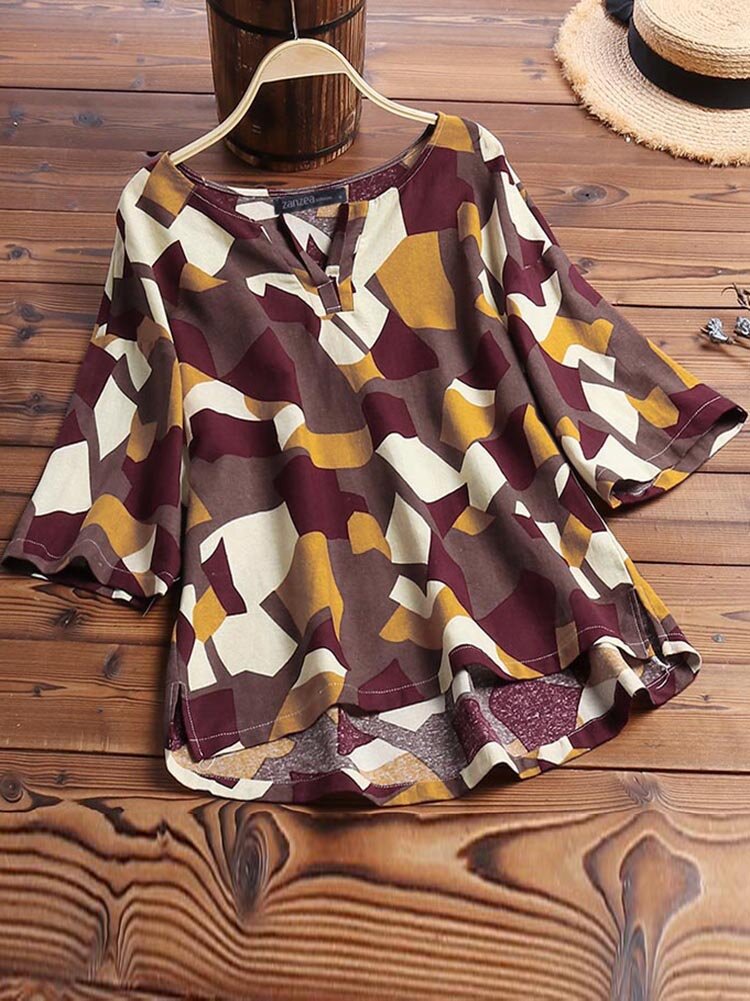 Blusa de manga corta con cuello de pico estampado casual para mujer