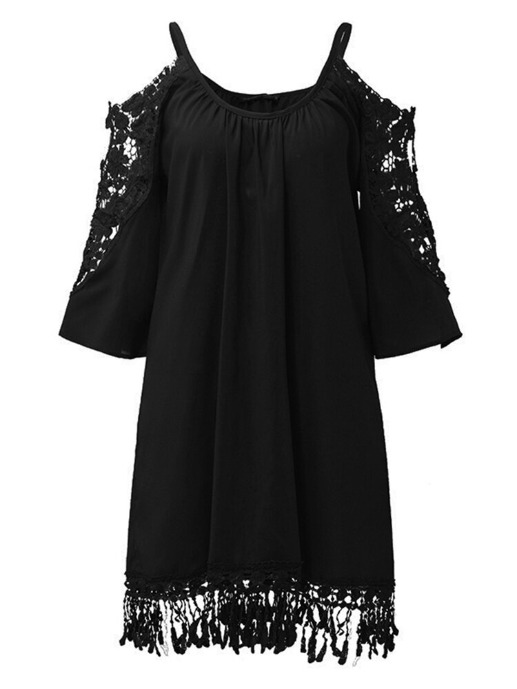 Women Off Shoulder Lace Strap Hollow Half Sleeve Casual Mini Dresses