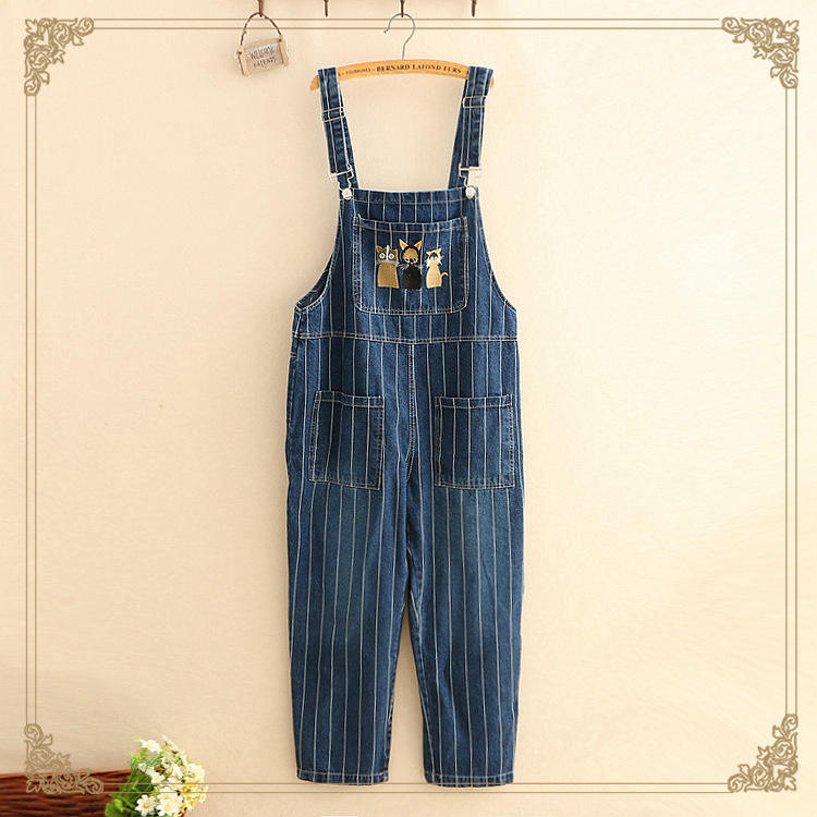 Women Cotton Denim Striped Cat Embroidered Cartoon Jumpsuit Women Cotton Denim Striped Cat Embroidered Cartoon Jumpsuit
