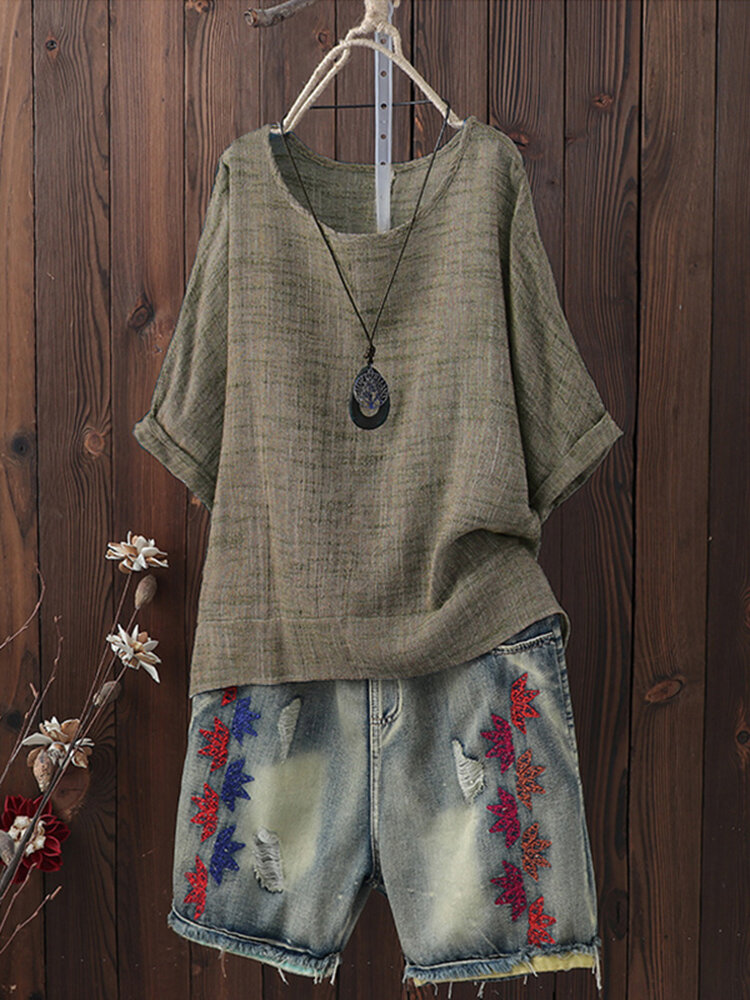 Plus حجم خمر جولة الرقبة 3/4 كم المرأة بلوزة