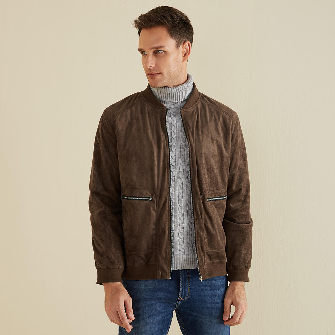 Chaqueta con cremallera y cuello alto para hombre Abrigos de ante con doble bolsillo