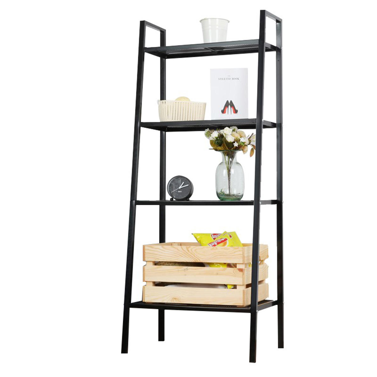 4 Tiers Ladder Bookshelf Grid Iron Wire Design Ladder Storage Rack Shelves Plants Stand For Home Bedroom Living Room Office