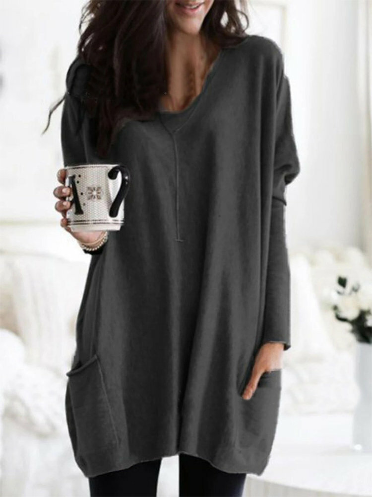 Casual Pure Color Double Pockets Loose Shirts For Women