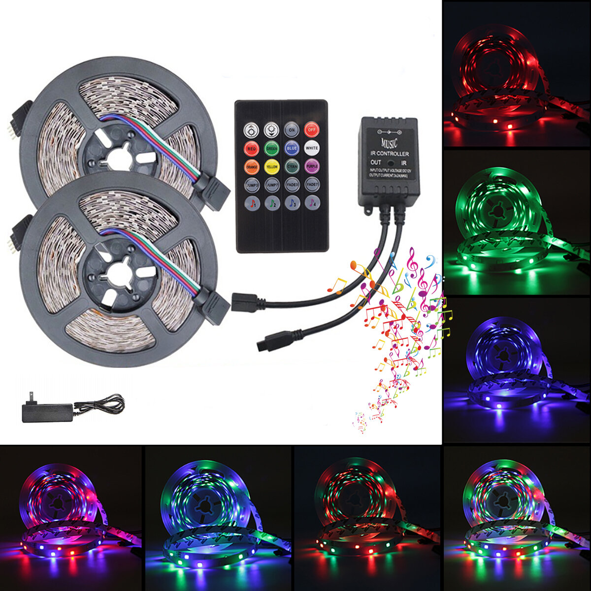 5M 10M 3528 RGB موسيقى Sync Voice مراقبة LED Strip ضوء + 22Keys IR التحكم عن بعد مراقبة or 3A EU US القوة محول