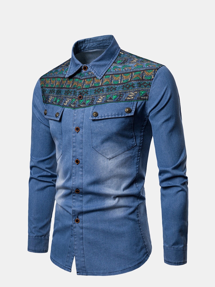 メンズカジュアルコットンスリムロングスリーブデニムシャツ Banggood