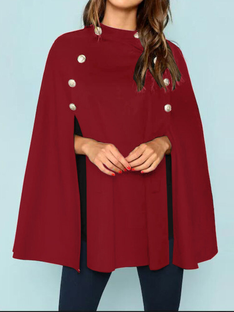 Women British Style Solid Color Button Loose Elegant Cloak Coats