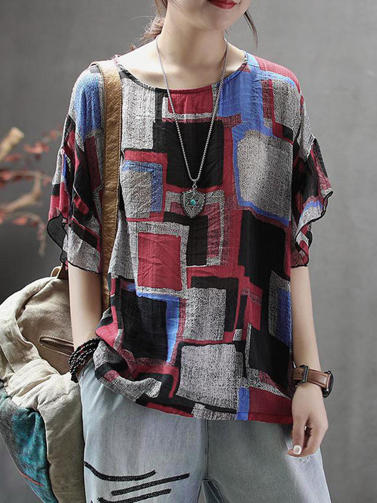 Frauen Kurzarm Rundhals Casual Print Bluse