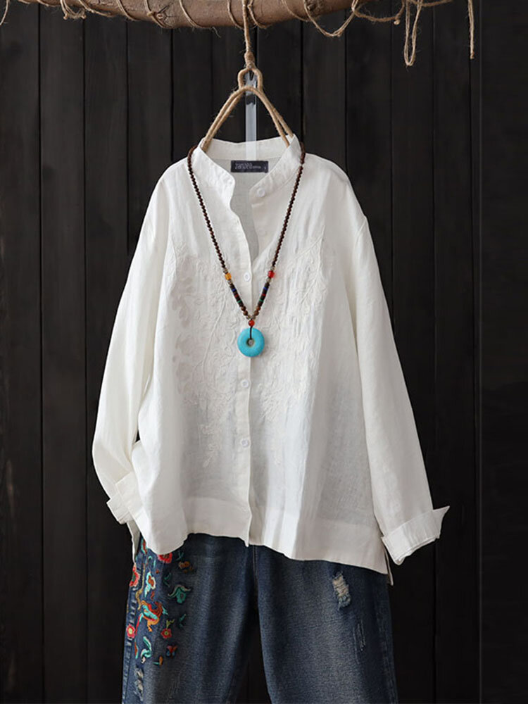 Vintage dames casual geborduurde knop lange mouw blouse