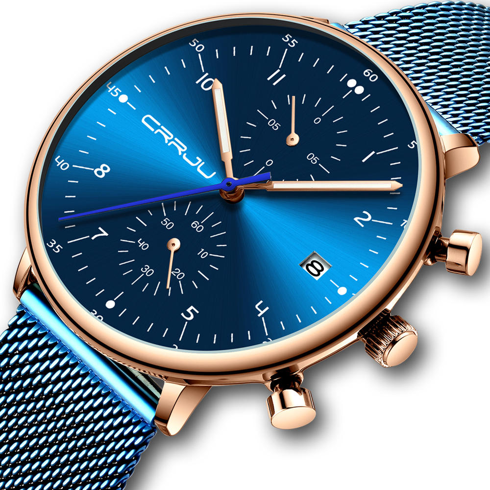 CRRJU 2278 Chronograaf Lichtgevende kalender Kalender Stalen band Heren quartzhorloge