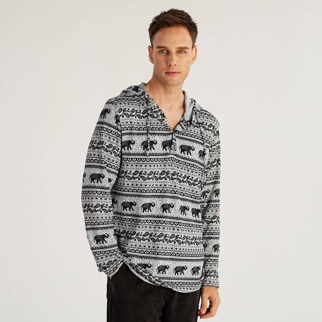Felpa con cappuccio a maniche lunghe casual con stampa elefante in stile etnico da uomo