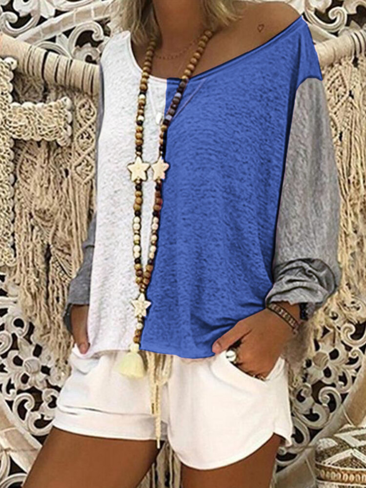 المرأة عارضة فضفاض اللون المرقعة بلوزة قميص