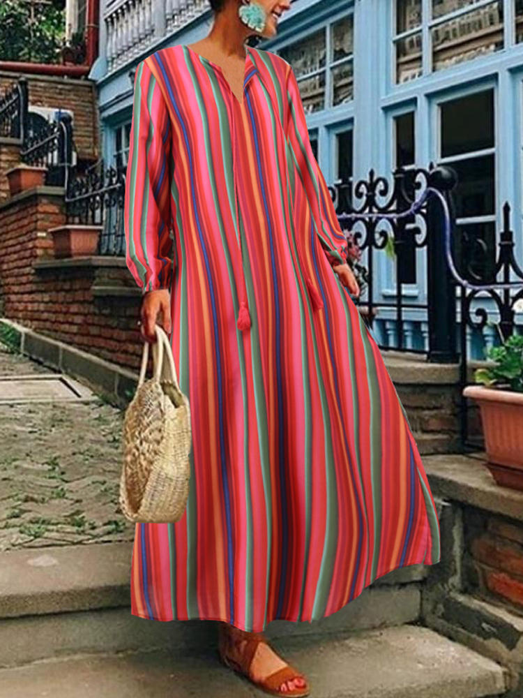 Women Striped Crew Neck Loose Baggy Long Maxi Dress Women Striped Crew Neck Loose Baggy Long Maxi Dress