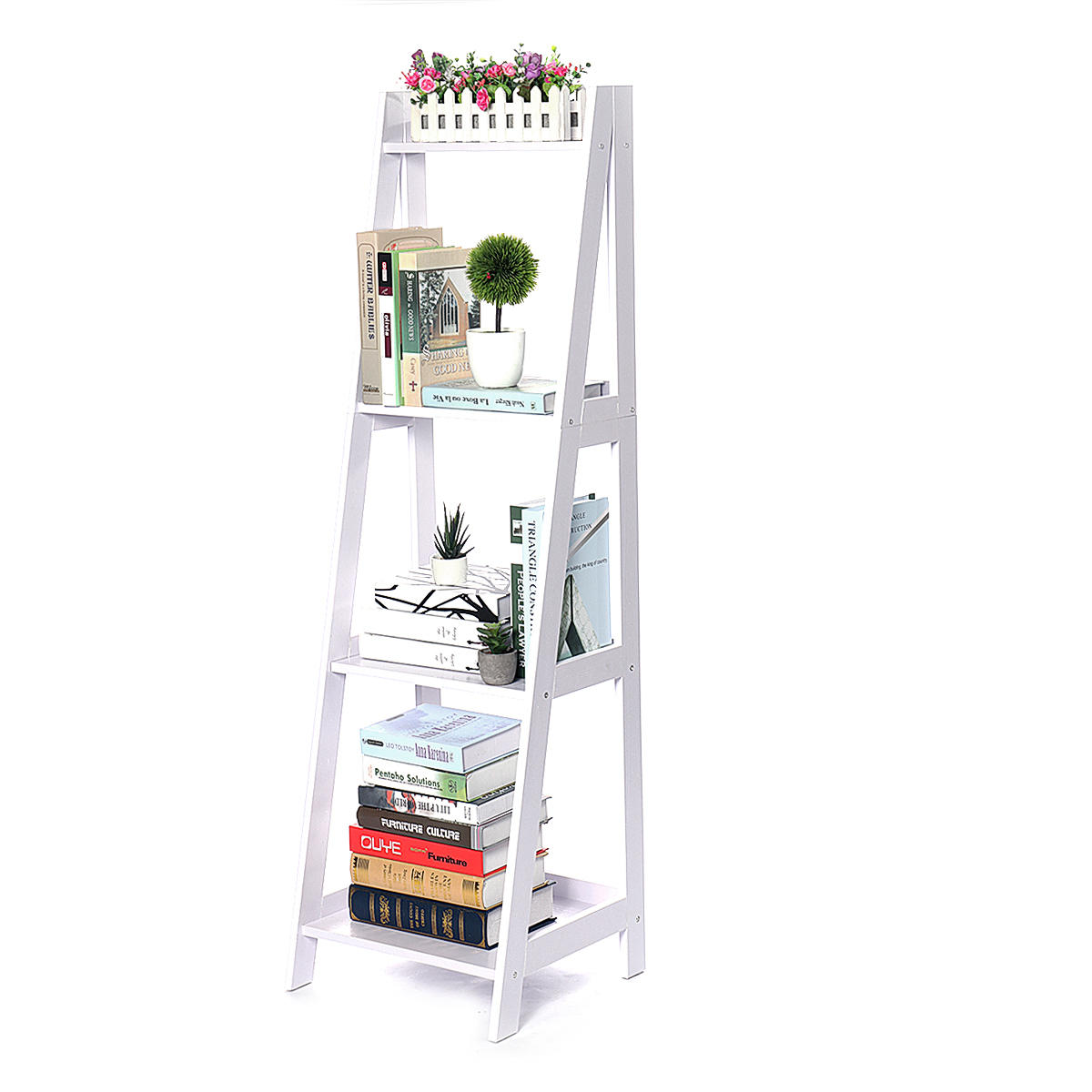 4 Tier Ladder Storage Shelf Bookshelf Book Rack Magazine Space