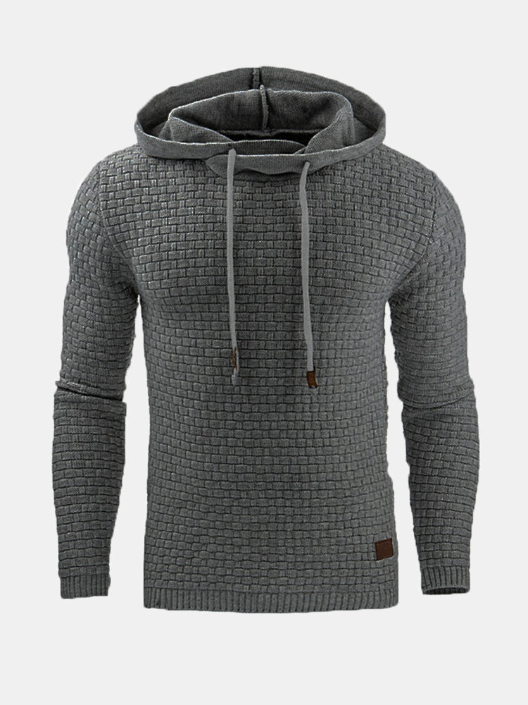 Men Warm Jacquard Hooded Sweatshirts Casual Solid Color Long Sleeve Sport Hoodies