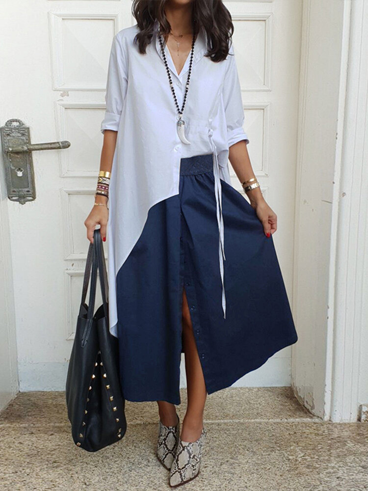 Camicia da donna manica lunga bavero alto basso casual Pulsanti gi&ugrave; Camicia camicetta 