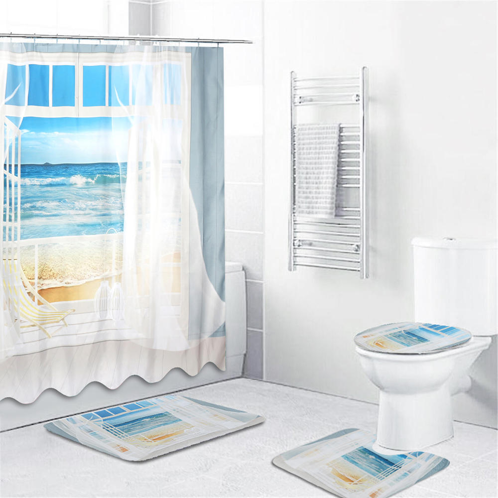 4pcs Bathroom Window Shower Curtain Set Beach Print Patent Prints 4pcs Bathroom Window Shower Curtain Set