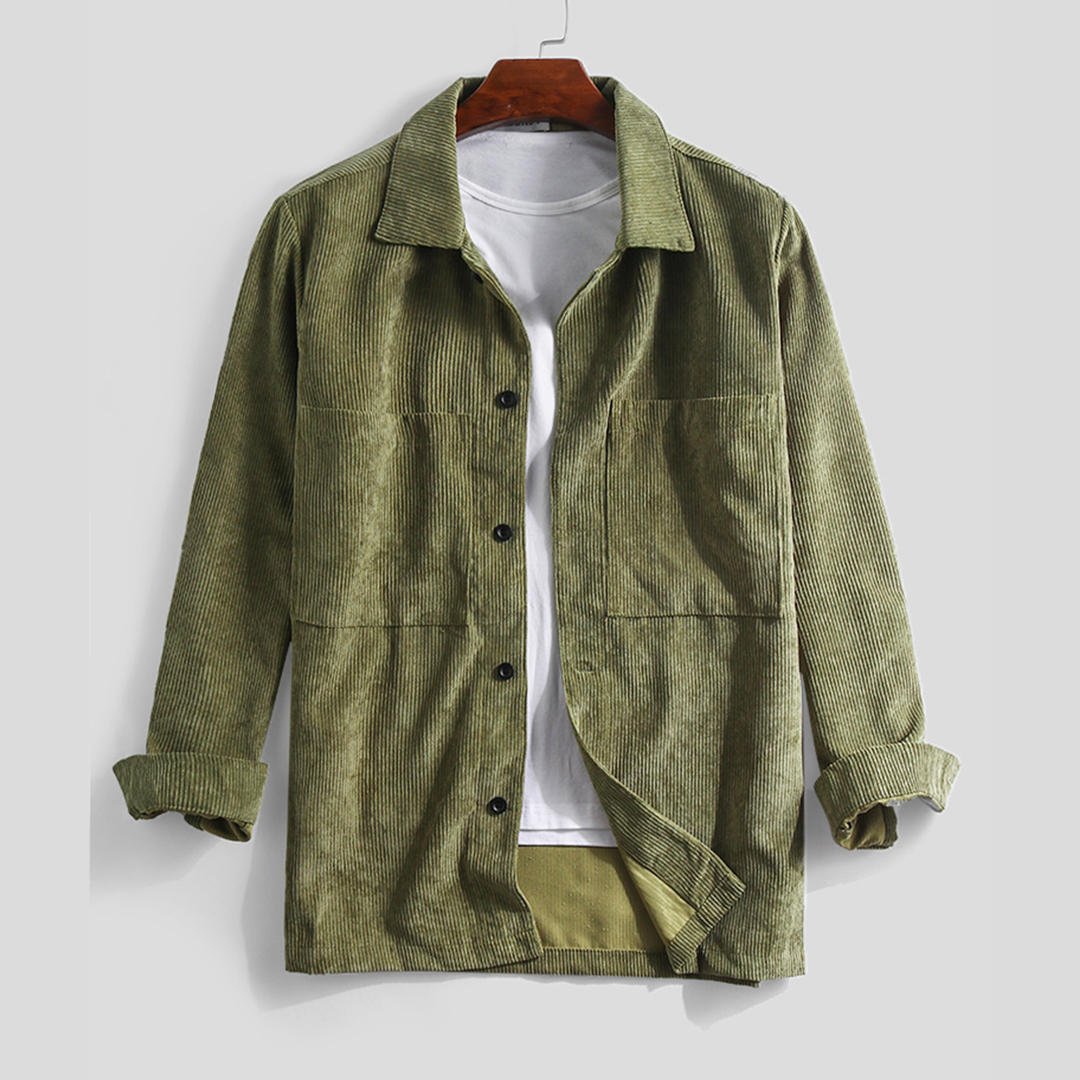 Camisas casuales de manga larga con doble bolsillo de pana vendimia para hombre